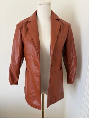Women’s Faux Leather Blazer Jacket - Rust Brown